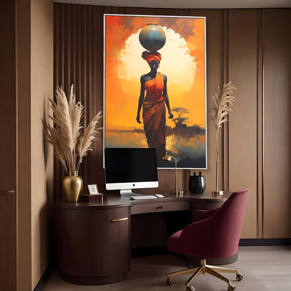 Tablou canvas cu tablou canvas cu femeie africana si ulcior, in rama de aluminiu argintiu, pe perete intr-un birou